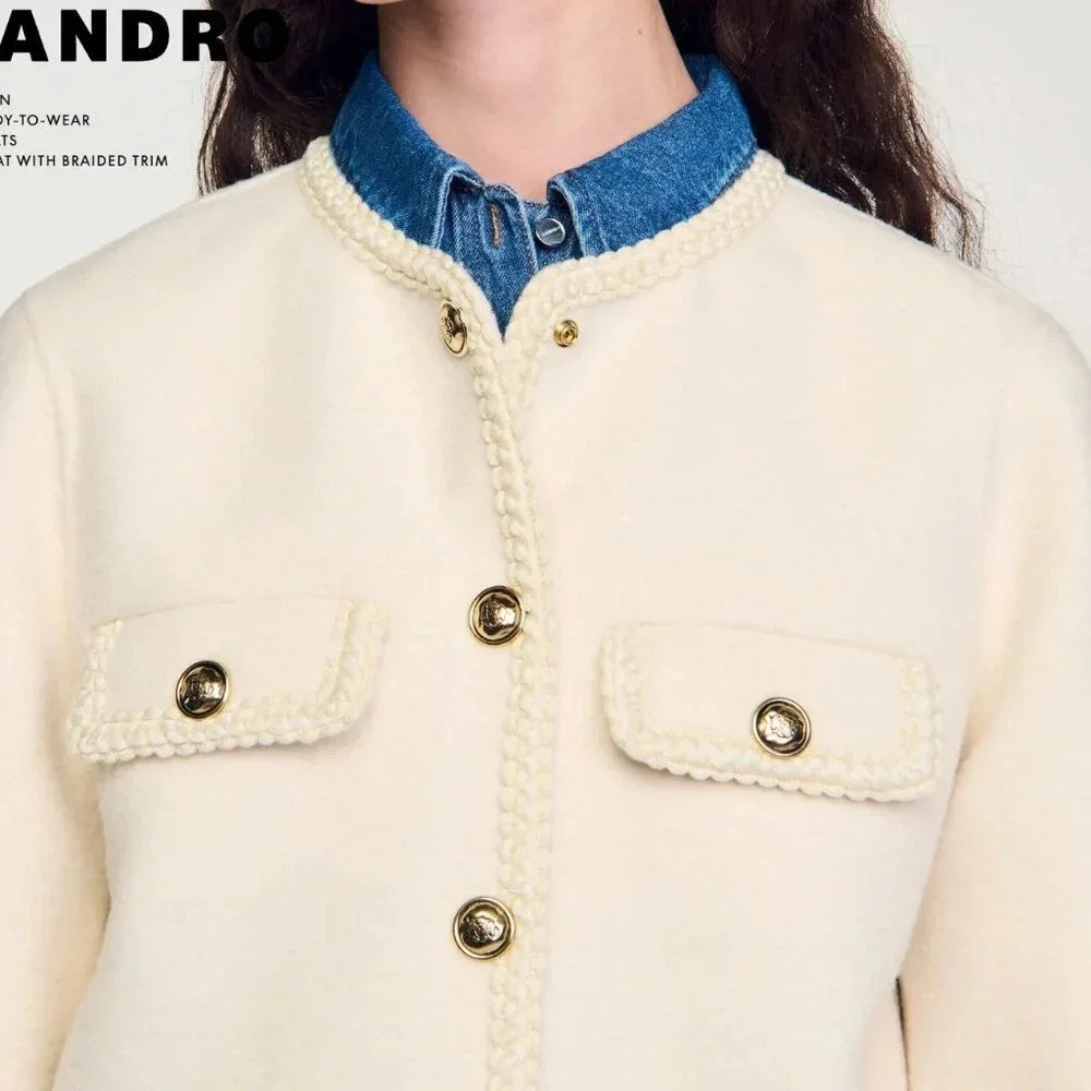 Sandro Cream Preppy Coat with Braided Trim - Picture 4 of 11